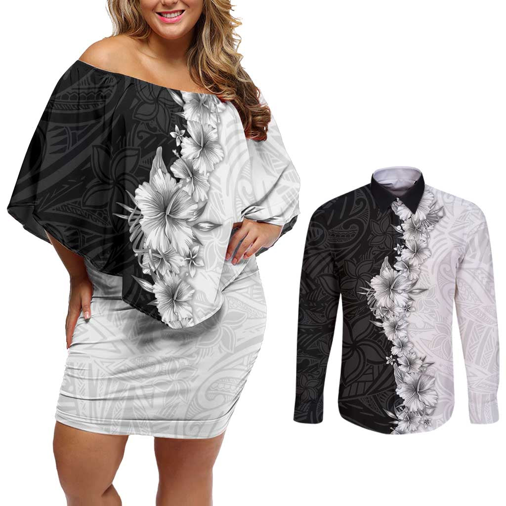 Hawaii Hibiscus Flowers Couples Matching Off Shoulder Short Dress and Long Sleeve Button Shirt Grayscale Polynesian Pattern