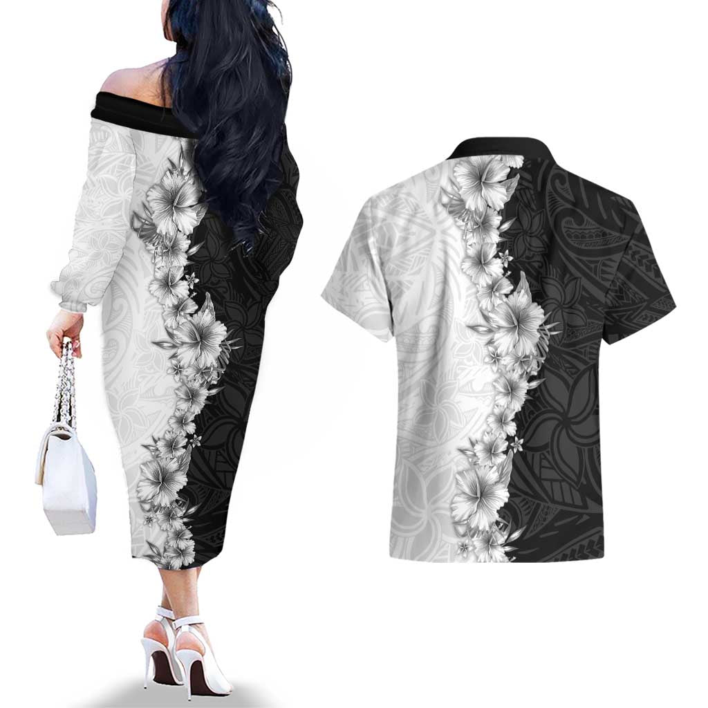 Hawaii Hibiscus Flowers Couples Matching Off The Shoulder Long Sleeve Dress and Hawaiian Shirt Grayscale Polynesian Pattern
