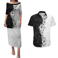 Hawaii Hibiscus Flowers Couples Matching Puletasi and Hawaiian Shirt Grayscale Polynesian Pattern LT05 Black - Polynesian Pride