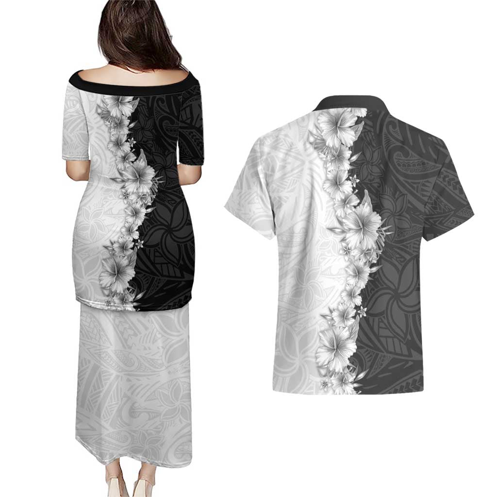Hawaii Hibiscus Flowers Couples Matching Puletasi and Hawaiian Shirt Grayscale Polynesian Pattern LT05 - Polynesian Pride
