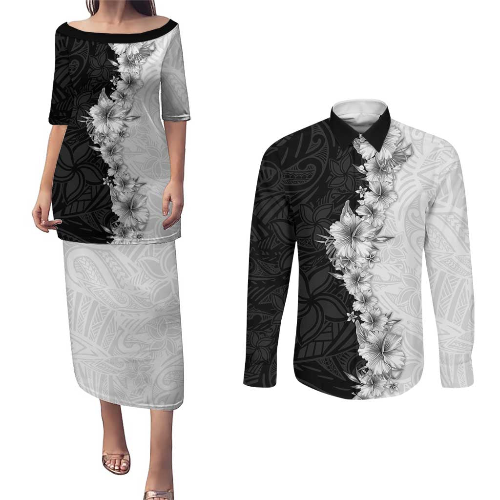 Hawaii Hibiscus Flowers Couples Matching Puletasi and Long Sleeve Button Shirt Grayscale Polynesian Pattern