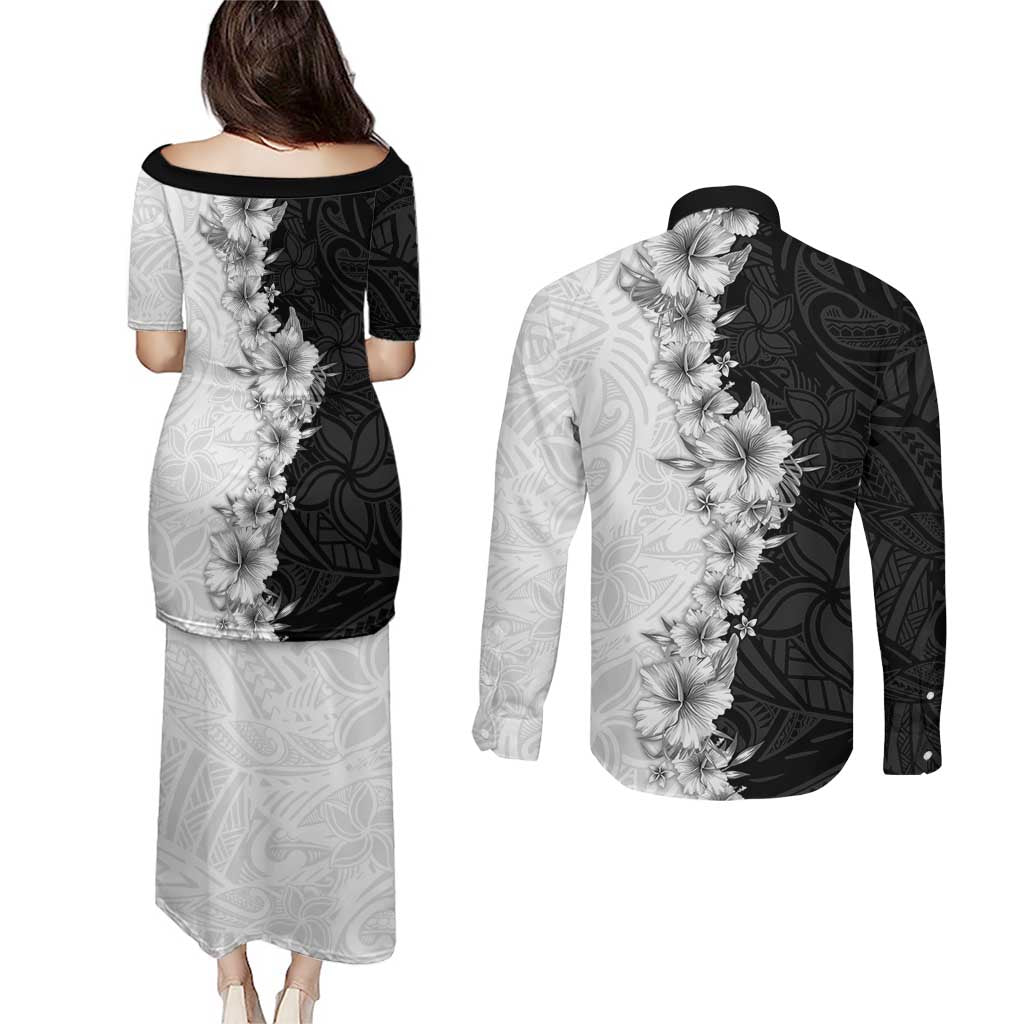 Hawaii Hibiscus Flowers Couples Matching Puletasi and Long Sleeve Button Shirt Grayscale Polynesian Pattern