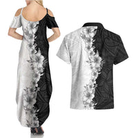 Hawaii Hibiscus Flowers Couples Matching Summer Maxi Dress and Hawaiian Shirt Grayscale Polynesian Pattern