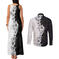 Hawaii Hibiscus Flowers Couples Matching Tank Maxi Dress and Long Sleeve Button Shirt Grayscale Polynesian Pattern