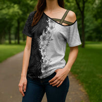 Hawaii Hibiscus Flowers Cross Shoulder Shirt Grayscale Polynesian Pattern