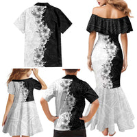 Hawaii Hibiscus Flowers Family Matching Mermaid Dress and Hawaiian Shirt Grayscale Polynesian Pattern
