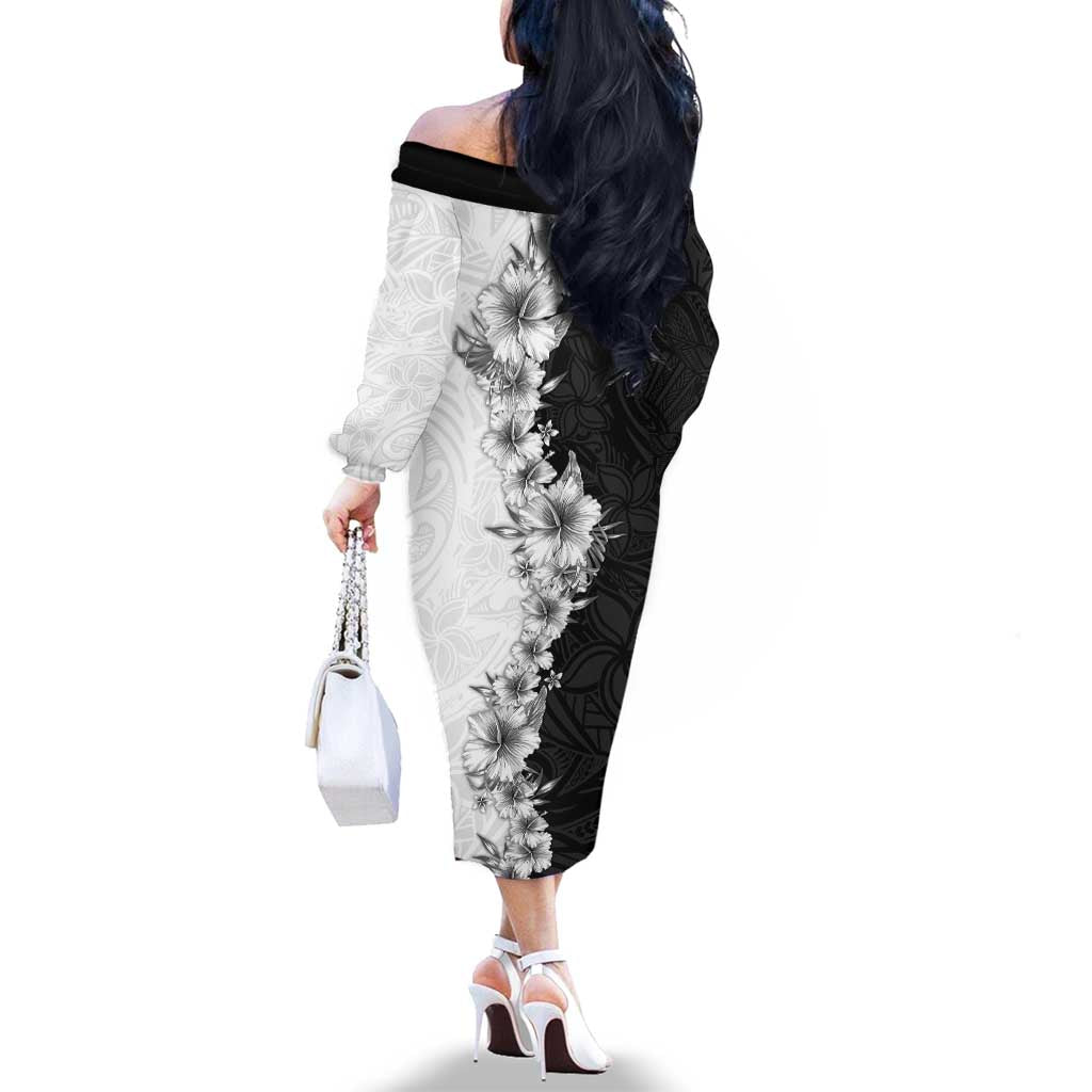 Hawaii Hibiscus Flowers Family Matching Off The Shoulder Long Sleeve Dress and Hawaiian Shirt Grayscale Polynesian Pattern