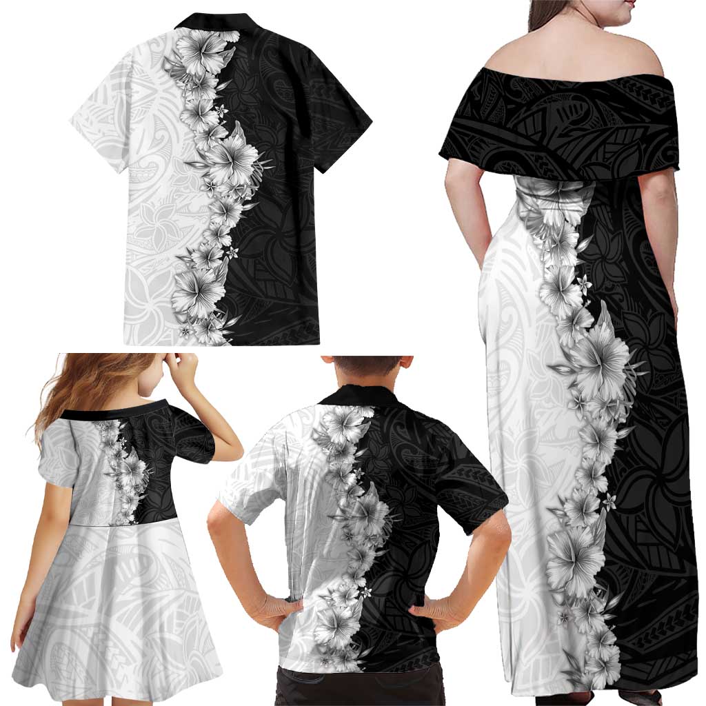 Hawaii Hibiscus Flowers Family Matching Off Shoulder Maxi Dress and Hawaiian Shirt Grayscale Polynesian Pattern