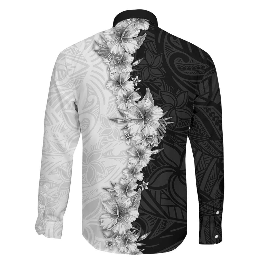 Hawaii Hibiscus Flowers Family Matching Off Shoulder Maxi Dress and Hawaiian Shirt Grayscale Polynesian Pattern