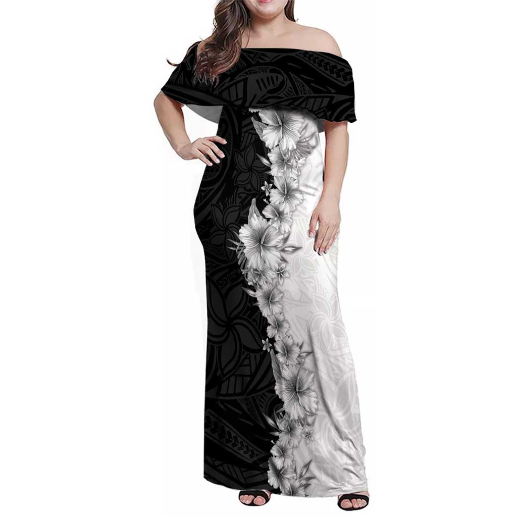 Hawaii Hibiscus Flowers Family Matching Off Shoulder Maxi Dress and Hawaiian Shirt Grayscale Polynesian Pattern