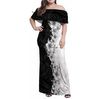 Hawaii Hibiscus Flowers Family Matching Off Shoulder Maxi Dress and Hawaiian Shirt Grayscale Polynesian Pattern