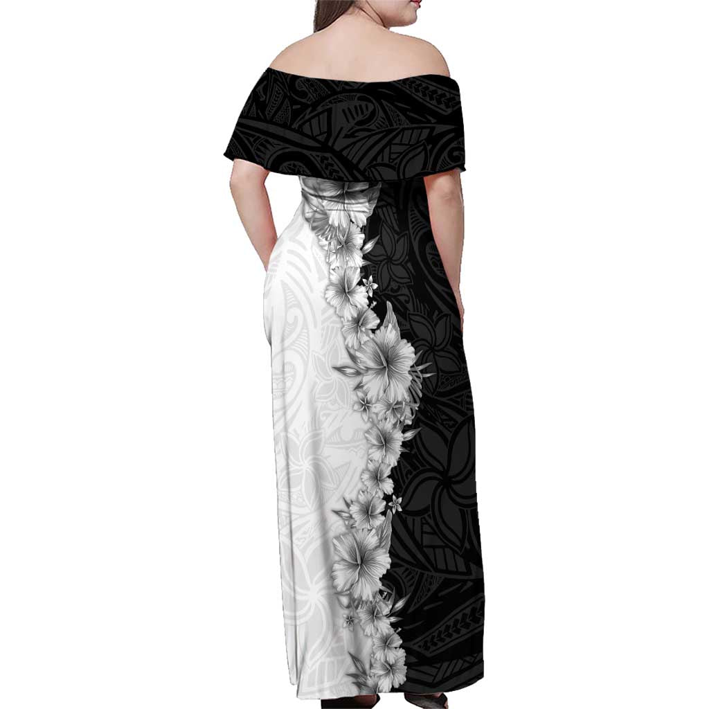 Hawaii Hibiscus Flowers Family Matching Off Shoulder Maxi Dress and Hawaiian Shirt Grayscale Polynesian Pattern