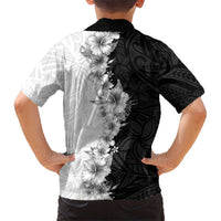 Hawaii Hibiscus Flowers Family Matching Off Shoulder Short Dress and Hawaiian Shirt Grayscale Polynesian Pattern