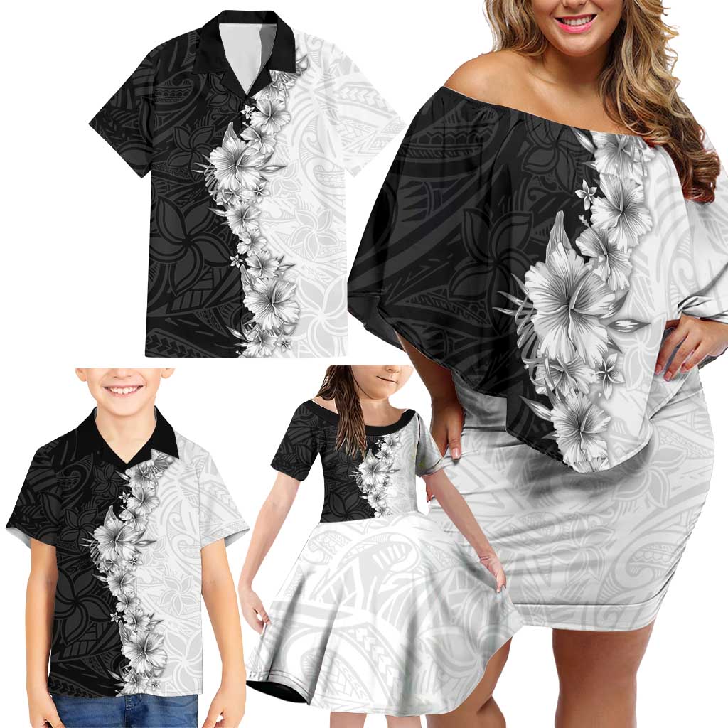 Hawaii Hibiscus Flowers Family Matching Off Shoulder Short Dress and Hawaiian Shirt Grayscale Polynesian Pattern