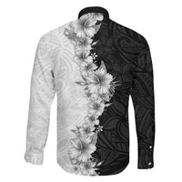 Hawaii Hibiscus Flowers Family Matching Off Shoulder Short Dress and Hawaiian Shirt Grayscale Polynesian Pattern