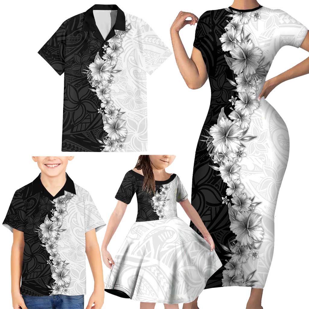 Hawaii Hibiscus Flowers Family Matching Short Sleeve Bodycon Dress and Hawaiian Shirt Grayscale Polynesian Pattern