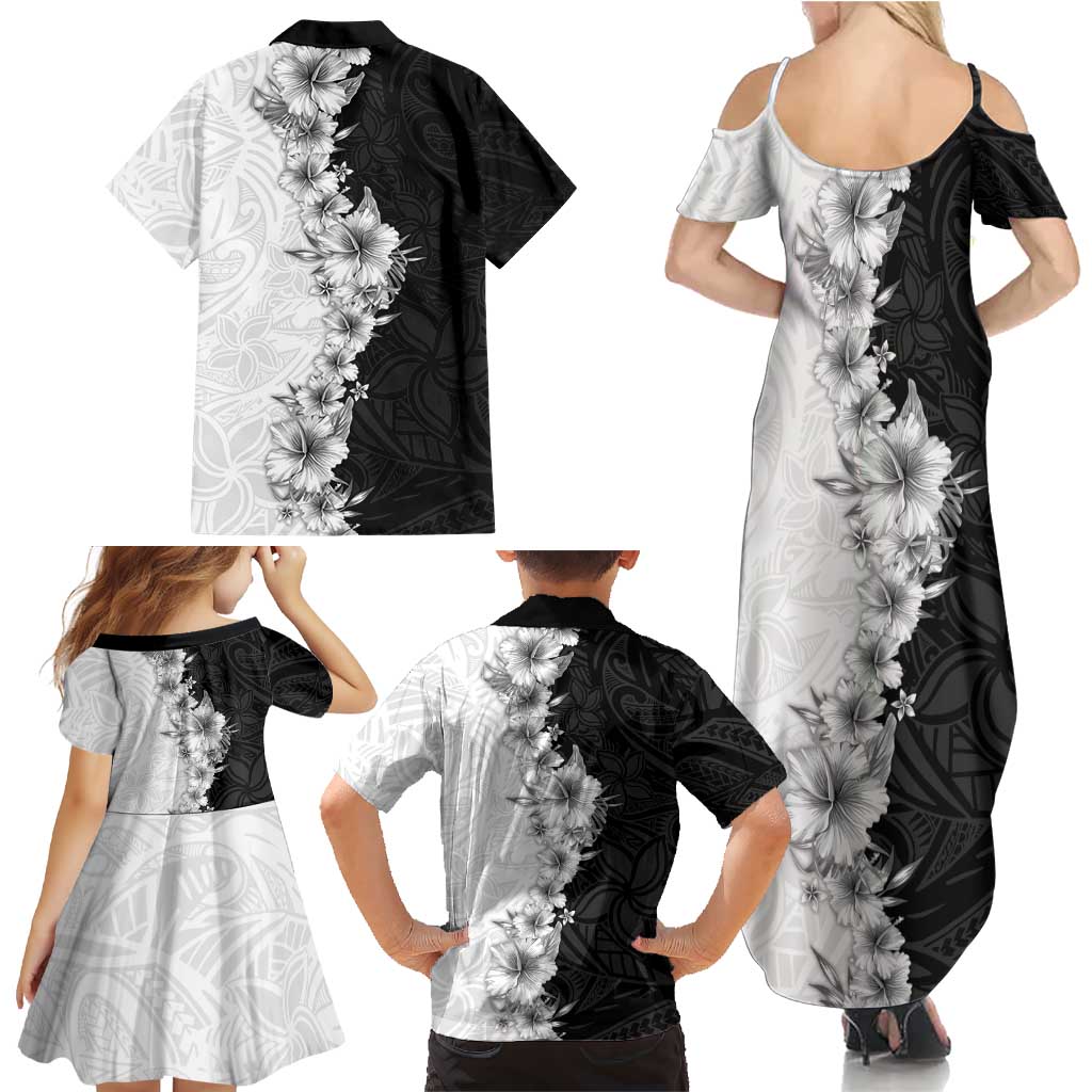Hawaii Hibiscus Flowers Family Matching Summer Maxi Dress and Hawaiian Shirt Grayscale Polynesian Pattern