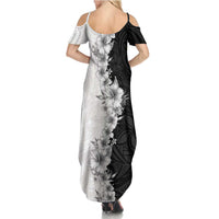 Hawaii Hibiscus Flowers Family Matching Summer Maxi Dress and Hawaiian Shirt Grayscale Polynesian Pattern