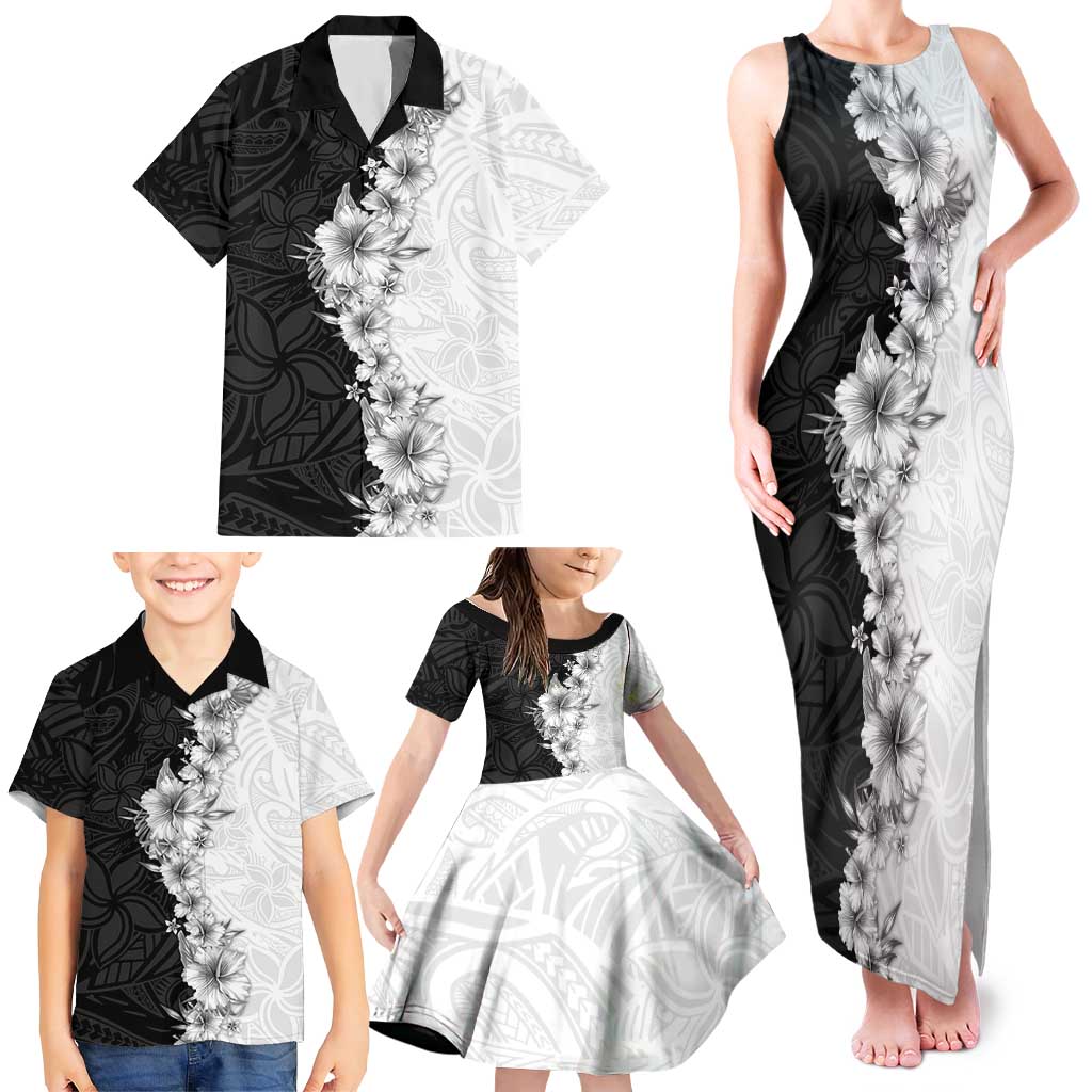 Hawaii Hibiscus Flowers Family Matching Tank Maxi Dress and Hawaiian Shirt Grayscale Polynesian Pattern