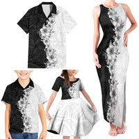 Hawaii Hibiscus Flowers Family Matching Tank Maxi Dress and Hawaiian Shirt Grayscale Polynesian Pattern