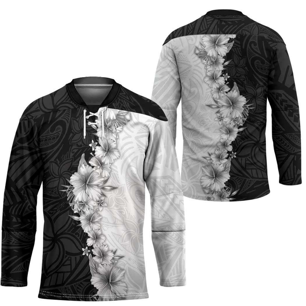 Hawaii Hibiscus Flowers Hockey Jersey Grayscale Polynesian Pattern