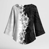 Hawaii Hibiscus Flowers Kimono Sleeve Blouse Grayscale Polynesian Pattern