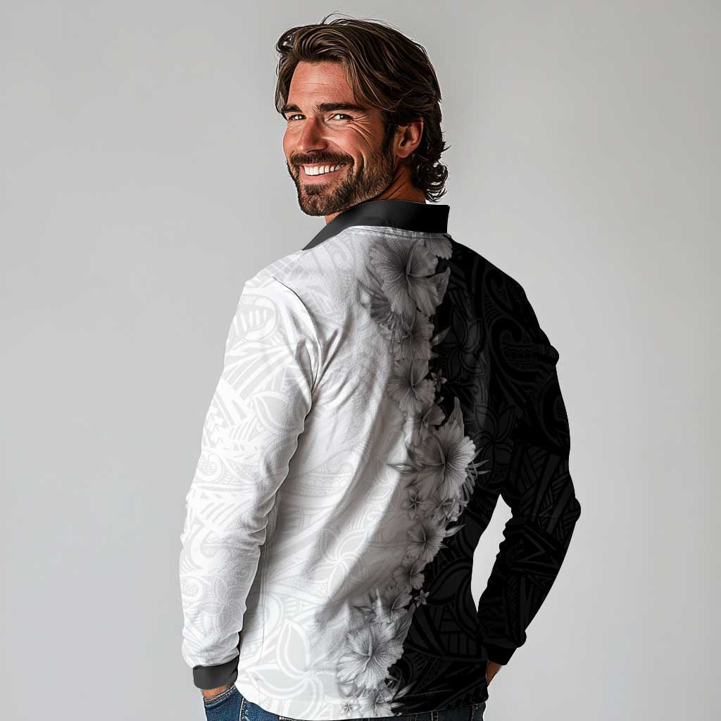 Hawaii Hibiscus Flowers Long Sleeve Polo Shirt Grayscale Polynesian Pattern