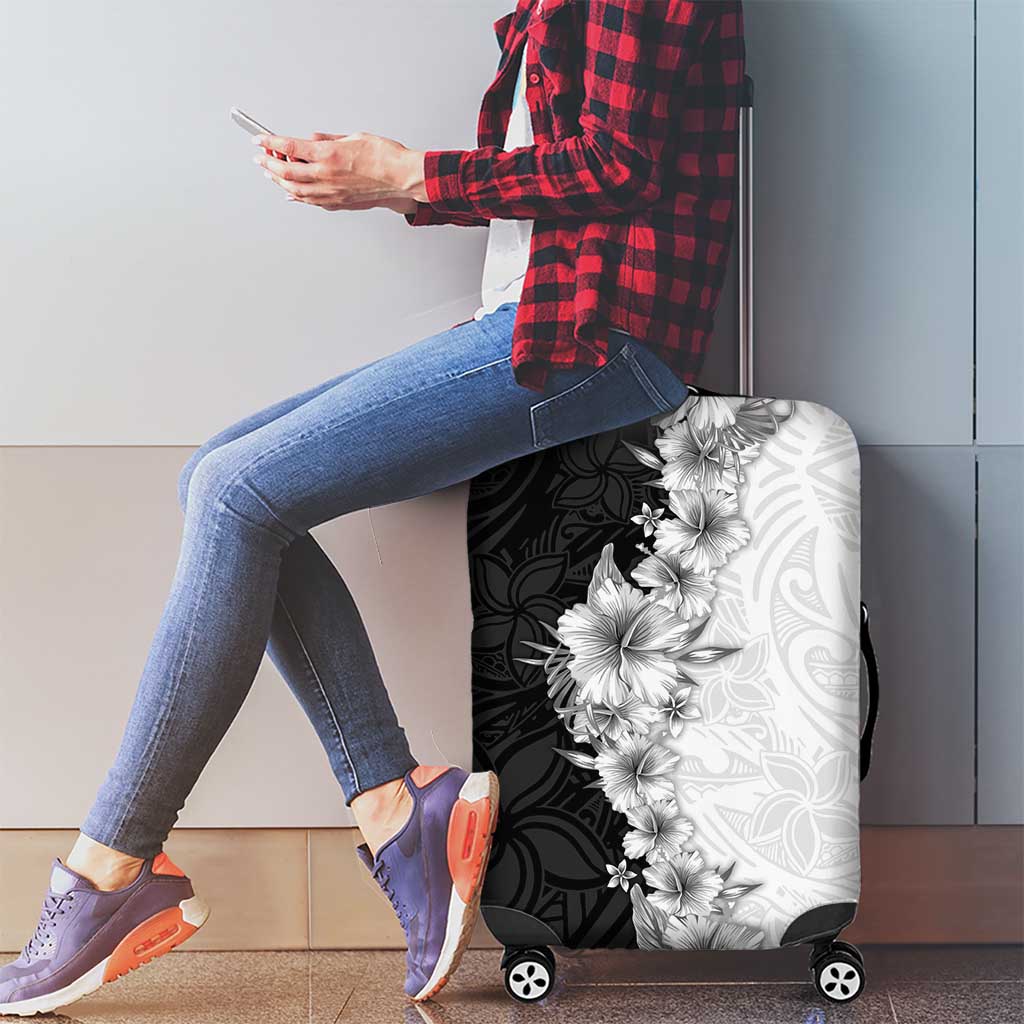 Hawaii Hibiscus Flowers Luggage Cover Grayscale Polynesian Pattern