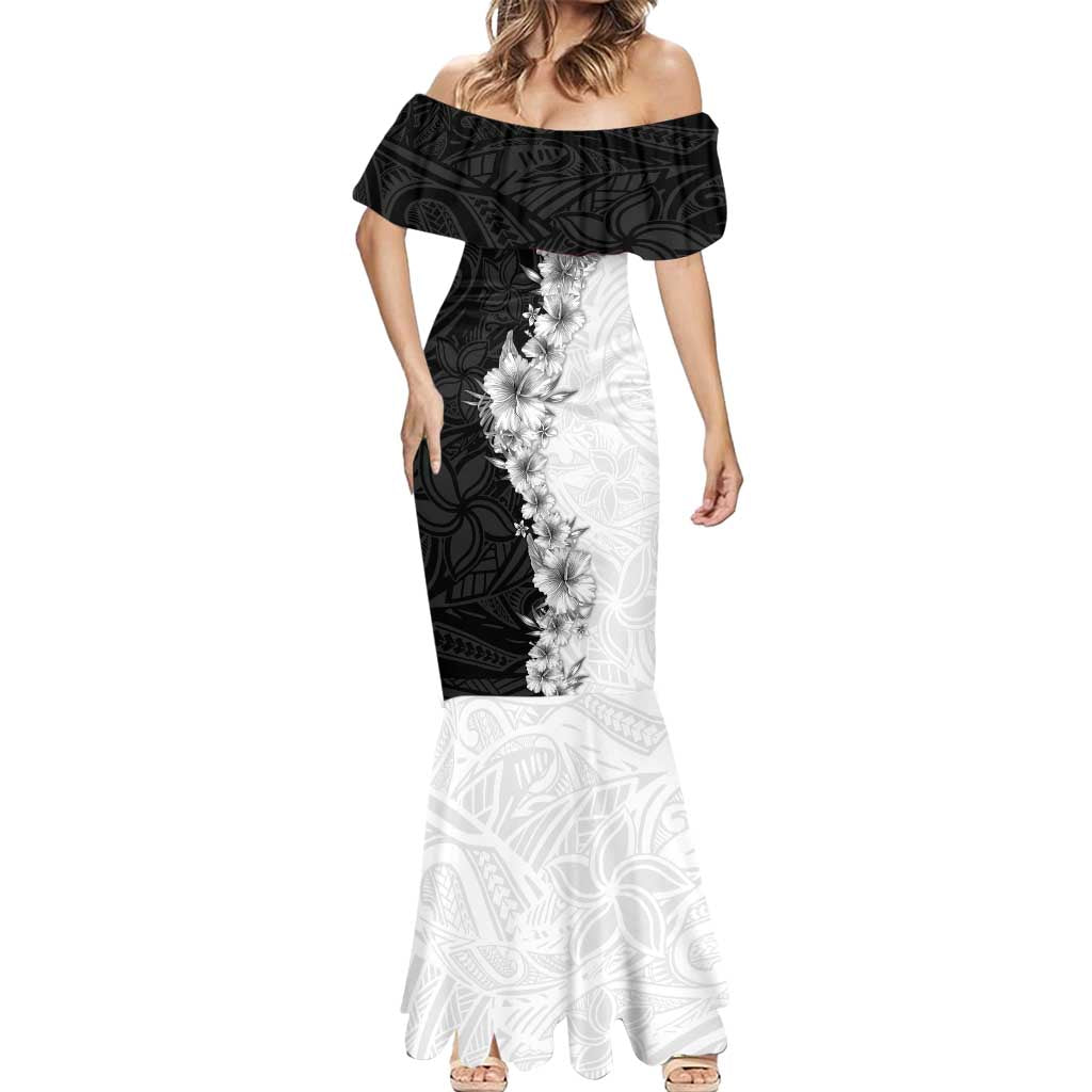 Hawaii Hibiscus Flowers Mermaid Dress Grayscale Polynesian Pattern