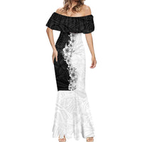 Hawaii Hibiscus Flowers Mermaid Dress Grayscale Polynesian Pattern