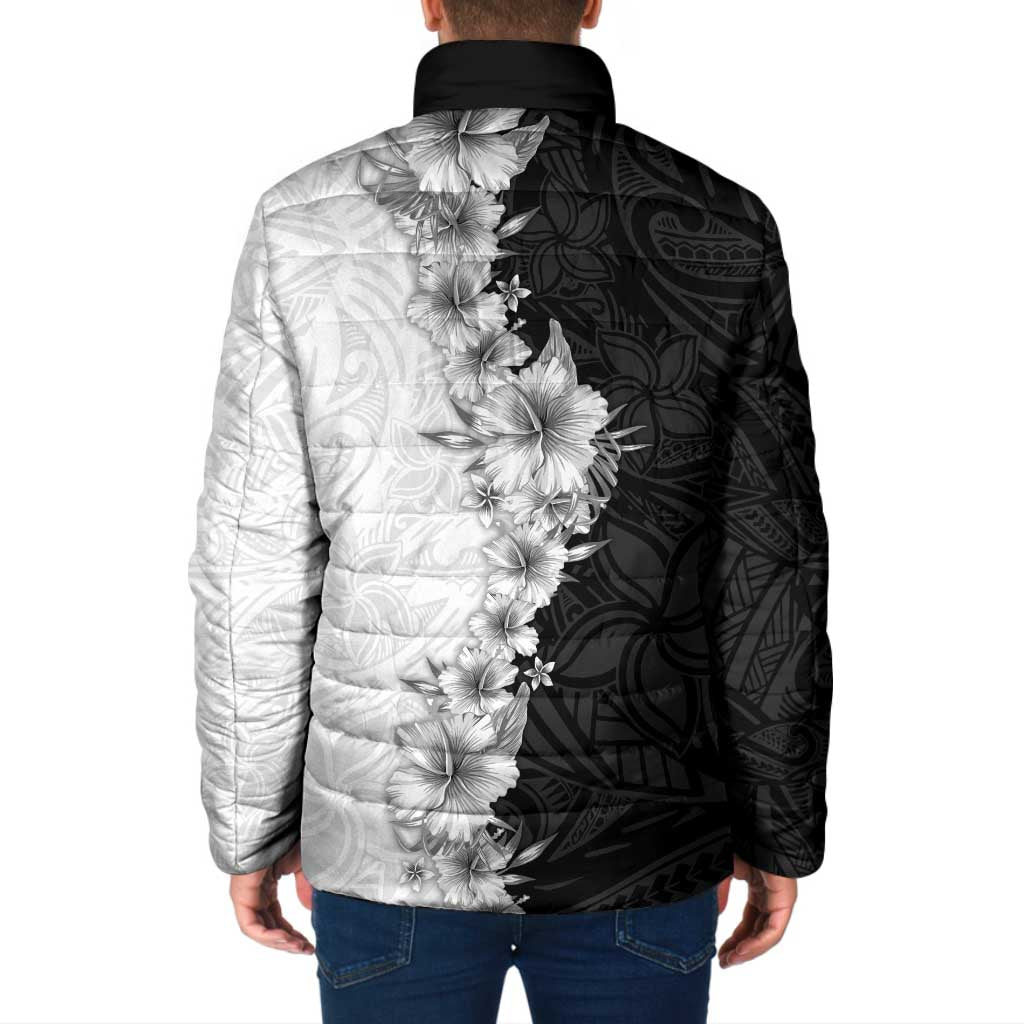 Hawaii Hibiscus Flowers Padded Jacket Grayscale Polynesian Pattern