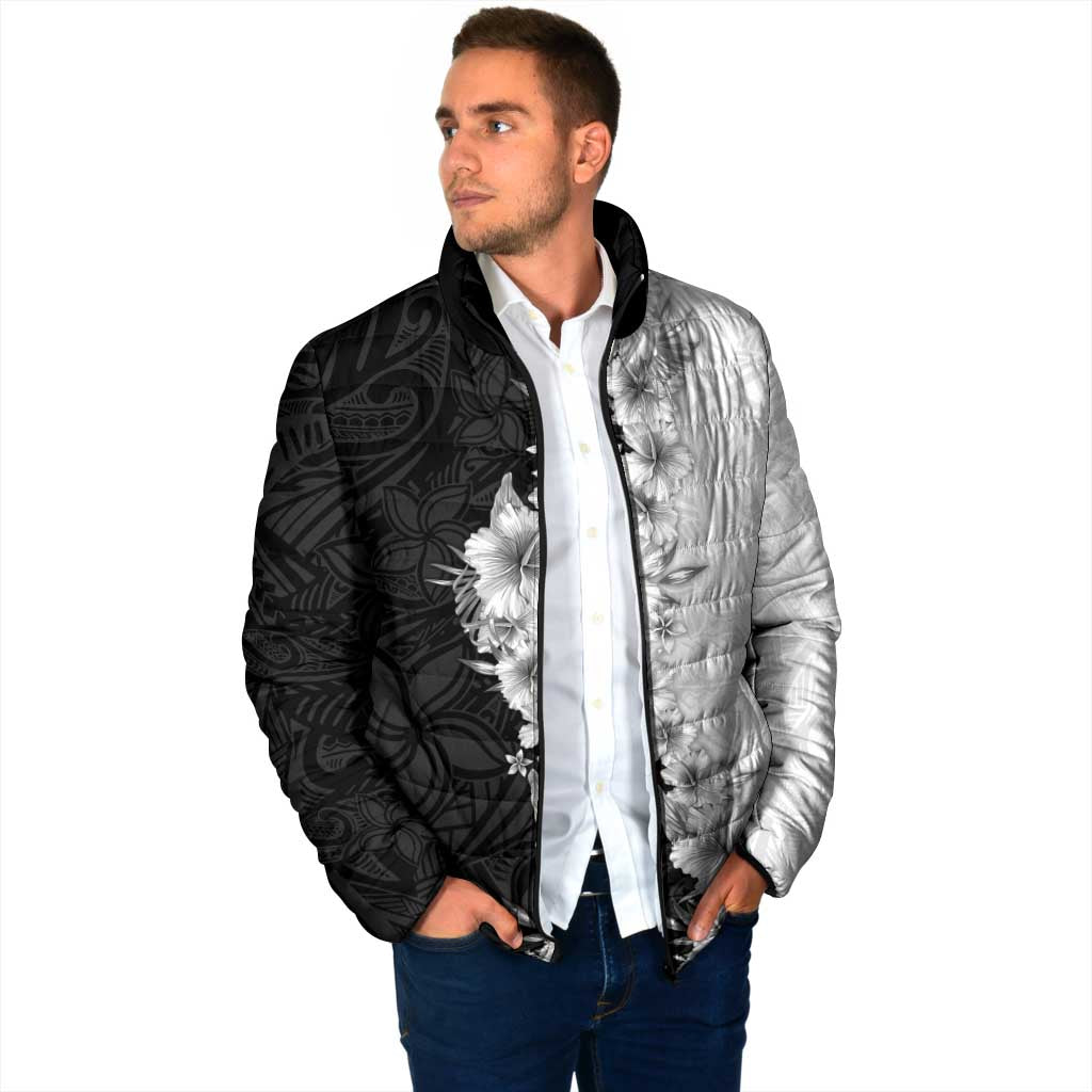 Hawaii Hibiscus Flowers Padded Jacket Grayscale Polynesian Pattern