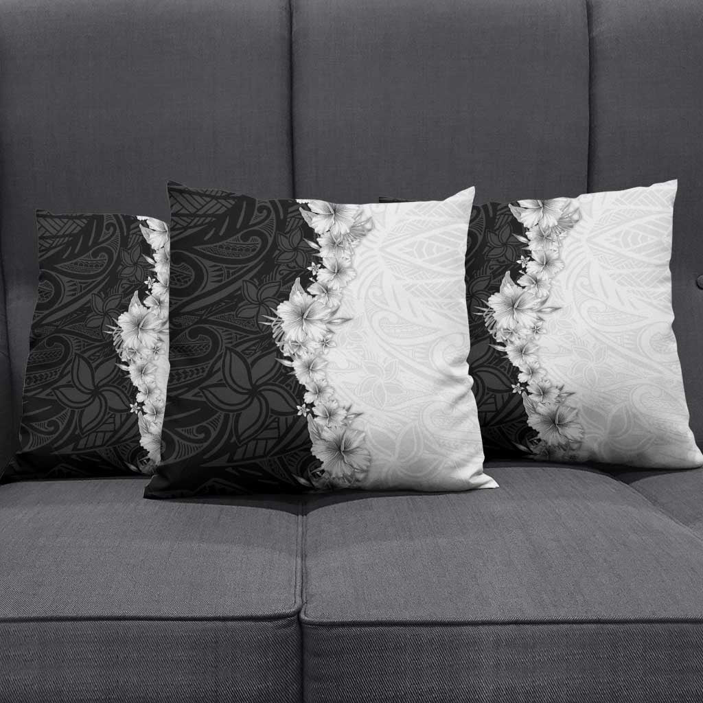 Hawaii Hibiscus Flowers Pillow Cover Grayscale Polynesian Pattern