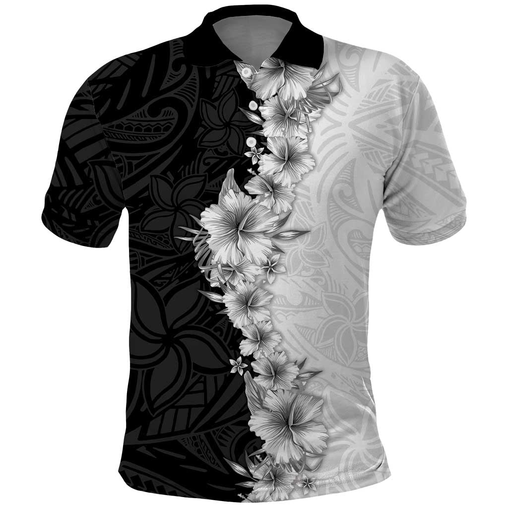 Hawaii Hibiscus Flowers Polo Shirt Grayscale Polynesian Pattern