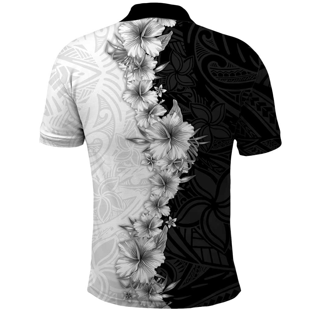 Hawaii Hibiscus Flowers Polo Shirt Grayscale Polynesian Pattern