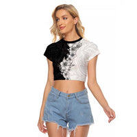 Hawaii Hibiscus Flowers Raglan Cropped T Shirt Grayscale Polynesian Pattern