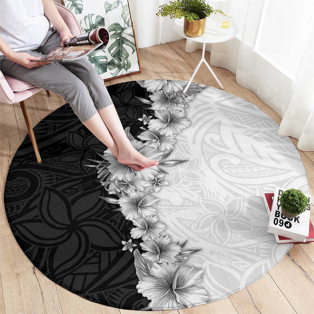 Hawaii Hibiscus Flowers Round Carpet Grayscale Polynesian Pattern