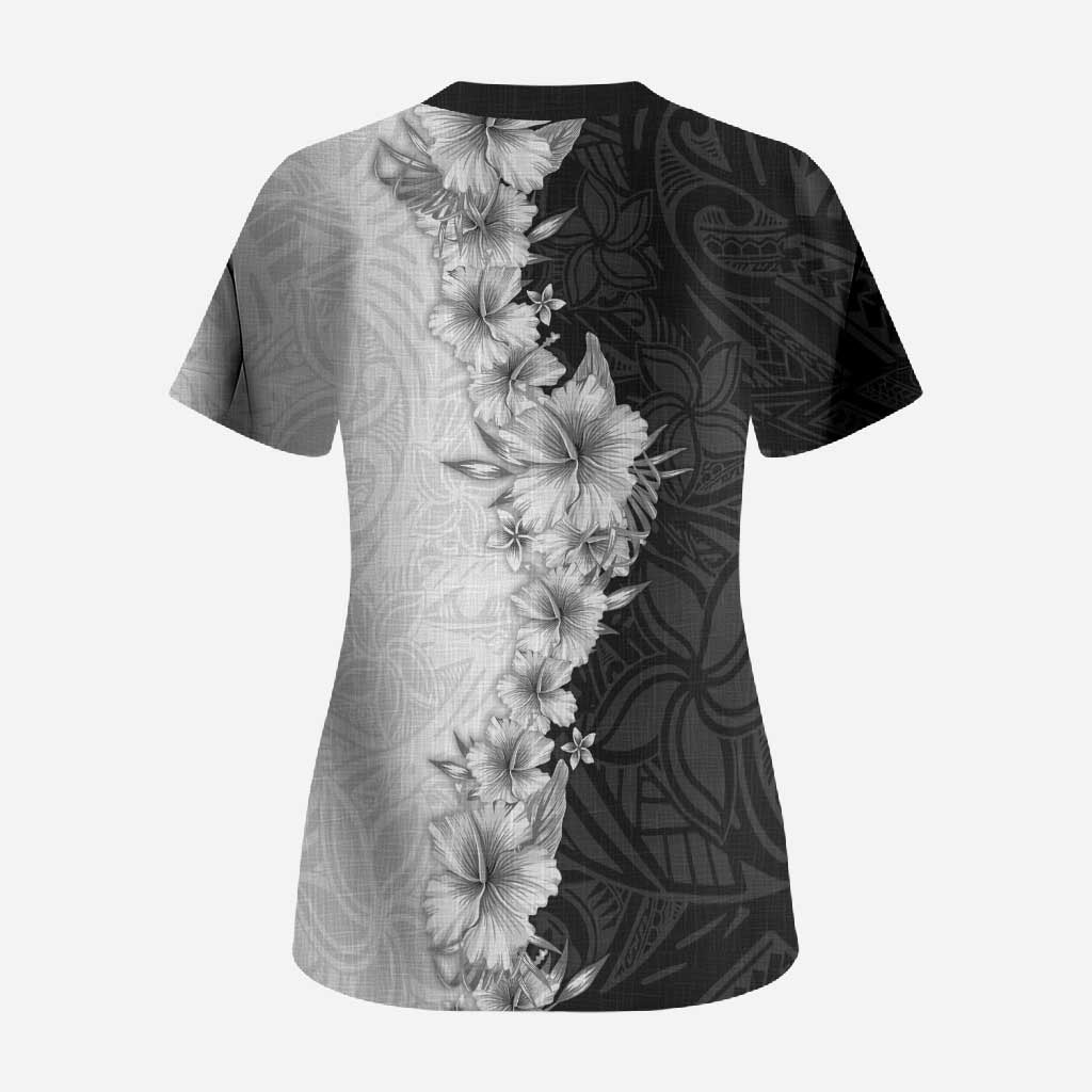 Hawaii Hibiscus Flowers Scrub Top Grayscale Polynesian Pattern