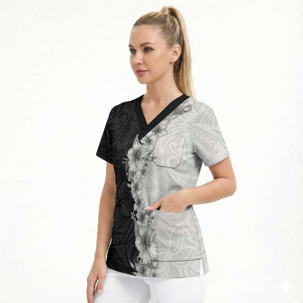 Hawaii Hibiscus Flowers Scrub Top Grayscale Polynesian Pattern