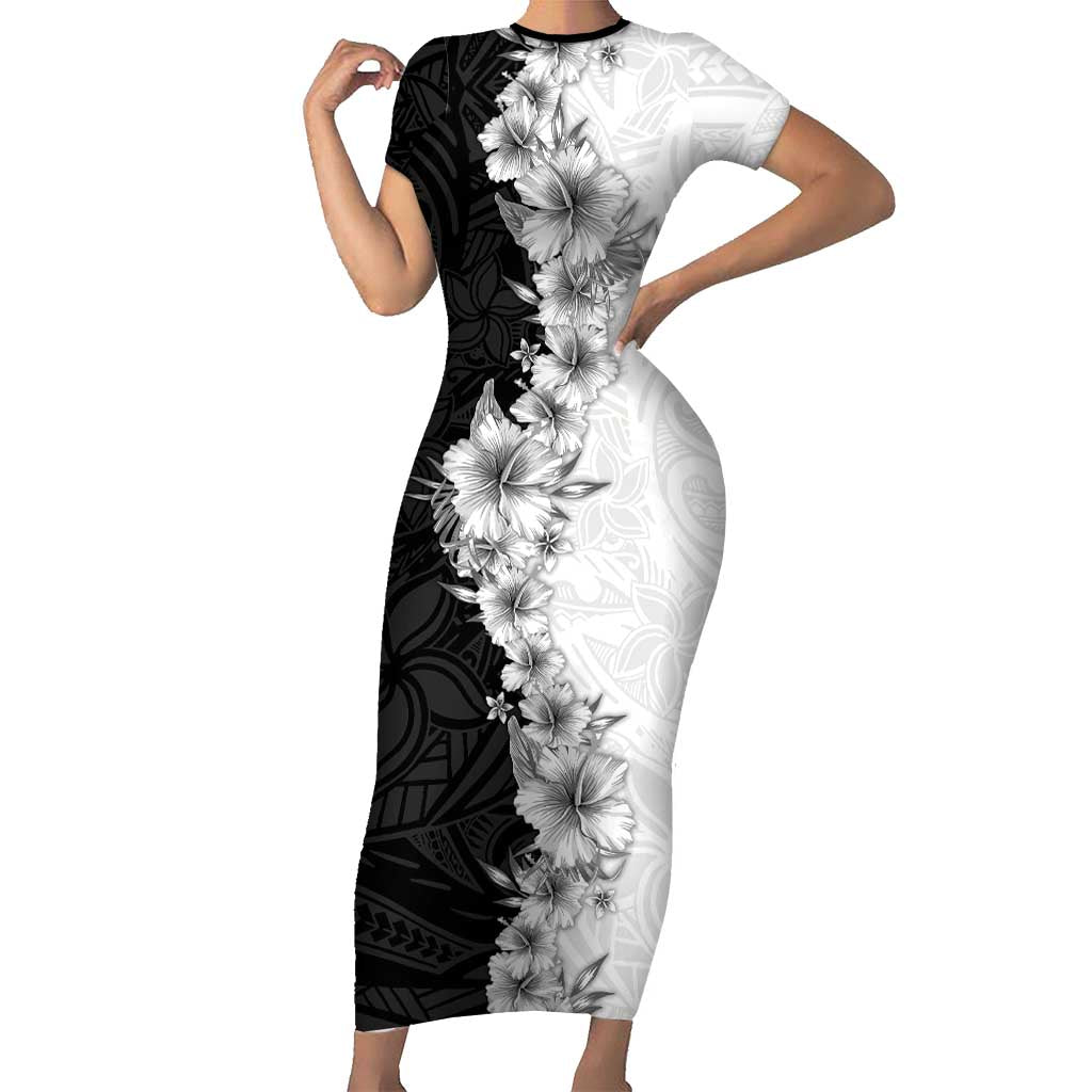 Hawaii Hibiscus Flowers Short Sleeve Bodycon Dress Grayscale Polynesian Pattern