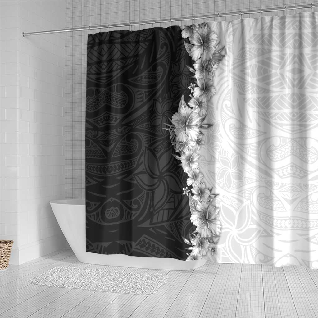 Hawaii Hibiscus Flowers Shower Curtain Grayscale Polynesian Pattern