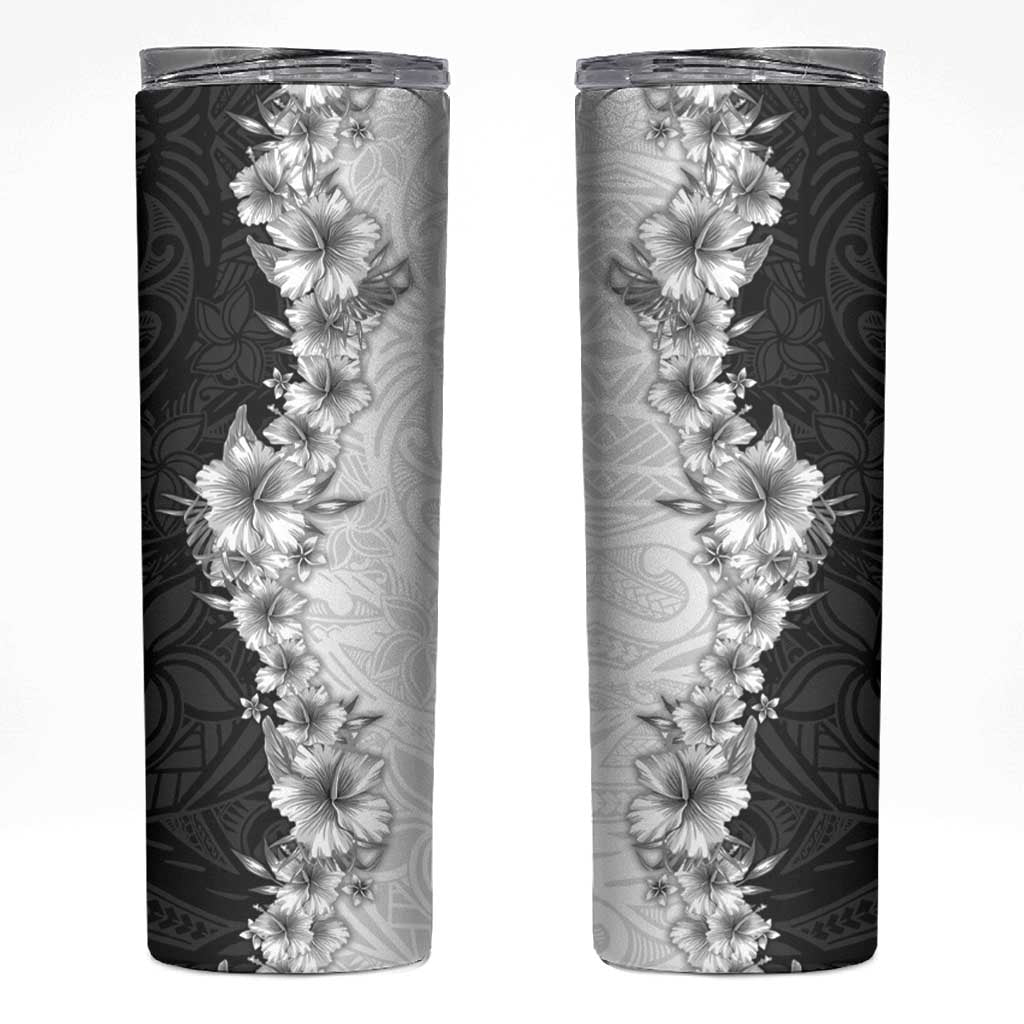 Hawaii Hibiscus Flowers Skinny Tumbler Grayscale Polynesian Pattern
