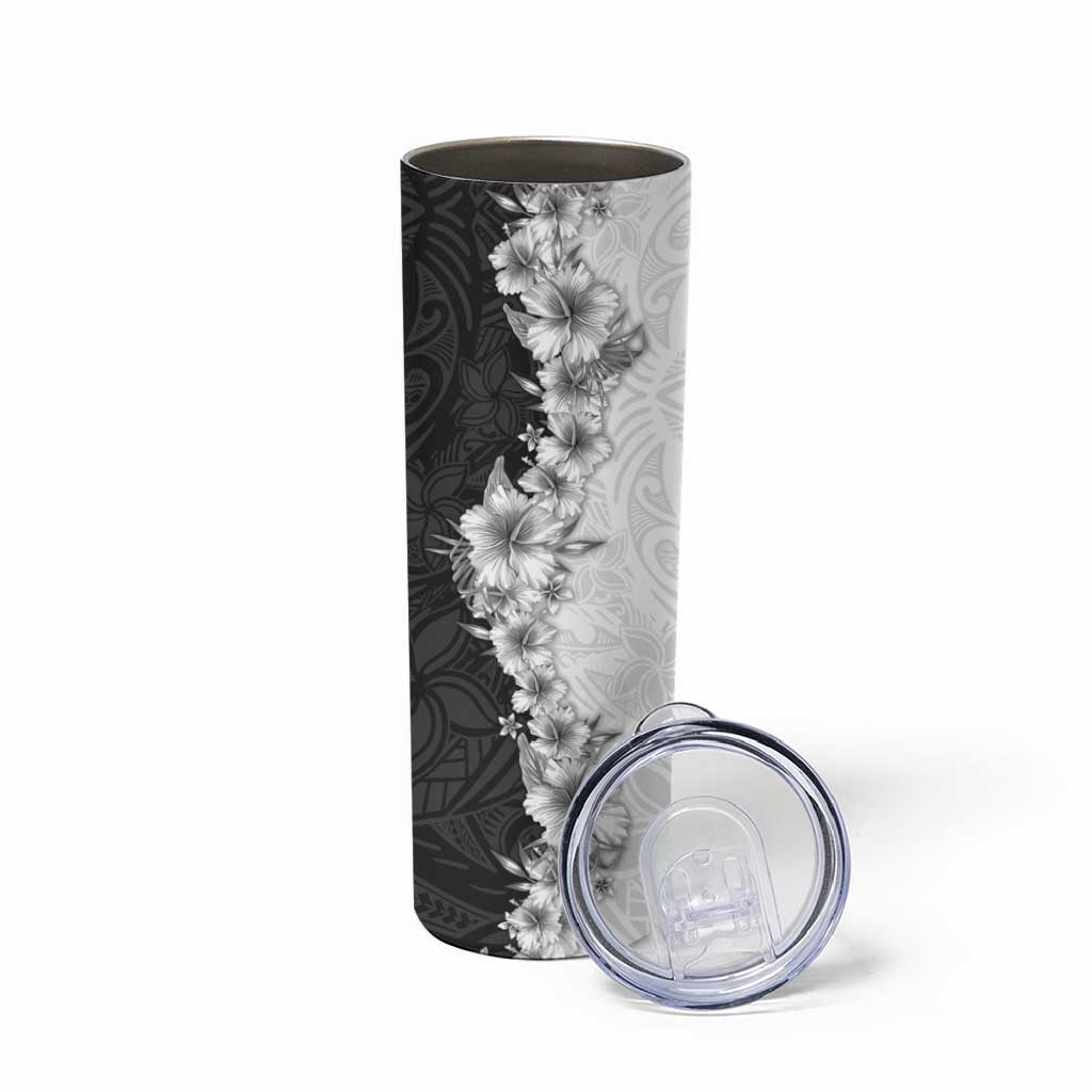 Hawaii Hibiscus Flowers Skinny Tumbler Grayscale Polynesian Pattern