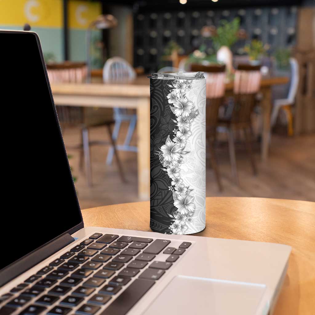 Hawaii Hibiscus Flowers Skinny Tumbler Grayscale Polynesian Pattern
