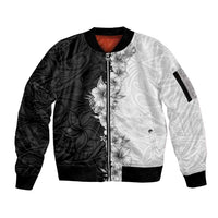 Hawaii Hibiscus Flowers Sleeve Zip Bomber Jacket Grayscale Polynesian Pattern
