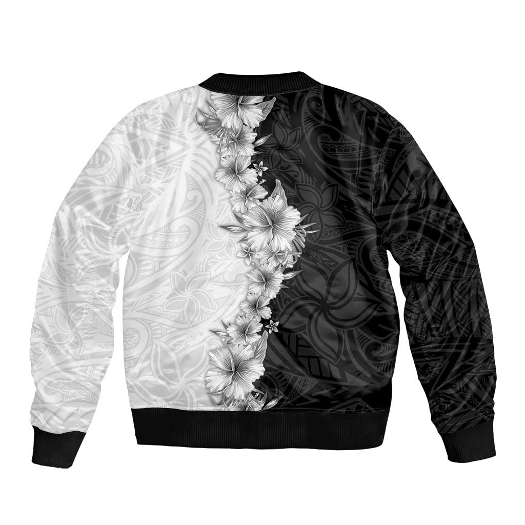 Hawaii Hibiscus Flowers Sleeve Zip Bomber Jacket Grayscale Polynesian Pattern