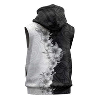 Hawaii Hibiscus Flowers Sleeveless Hoodie Grayscale Polynesian Pattern