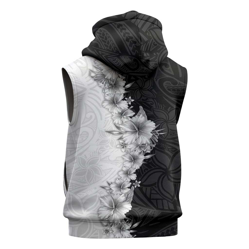 Hawaii Hibiscus Flowers Sleeveless Zip Hoodie Grayscale Polynesian Pattern
