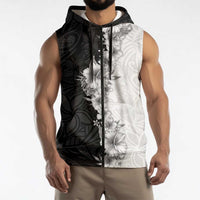 Hawaii Hibiscus Flowers Sleeveless Zip Hoodie Grayscale Polynesian Pattern