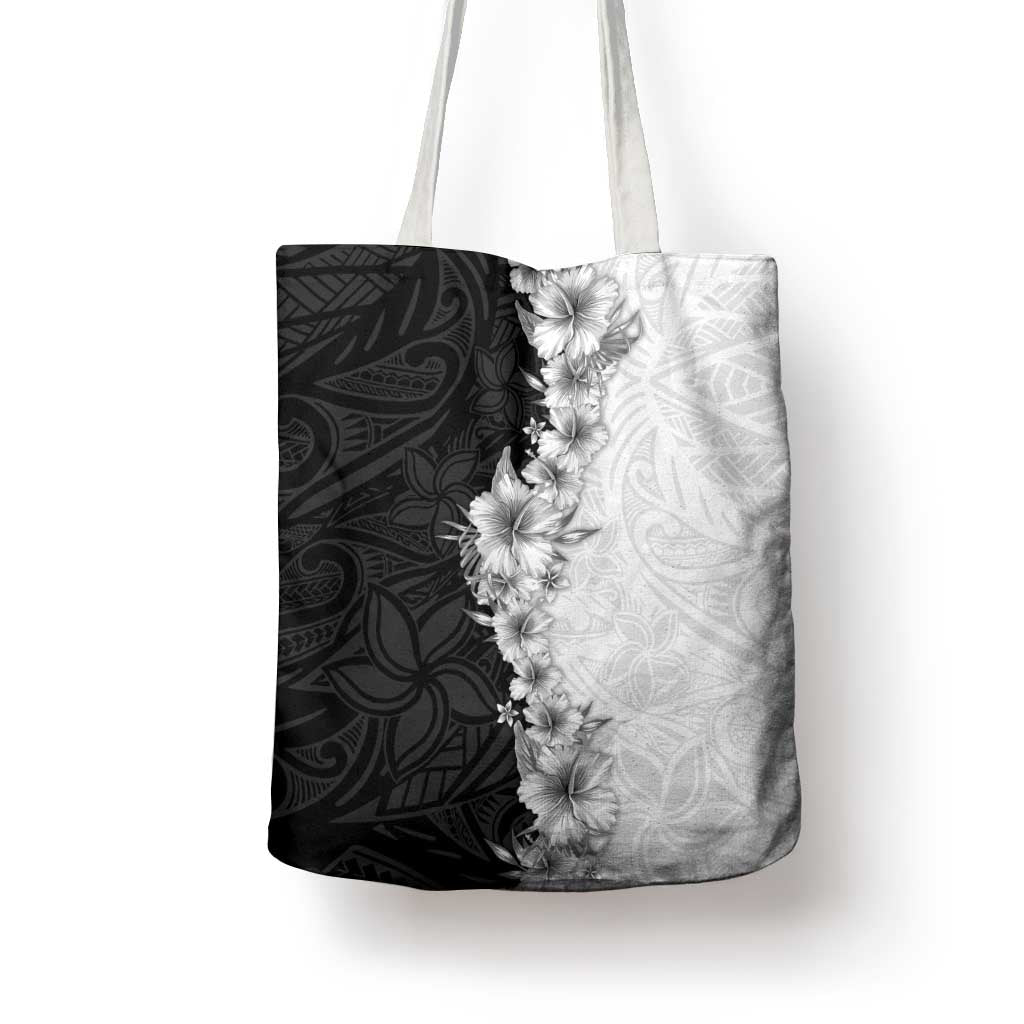 Hawaii Hibiscus Flowers Tote Bag Grayscale Polynesian Pattern